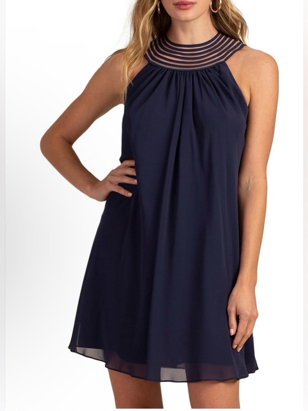 NWT Trina Turk Women’s Arias Navy Sleeveless Ruched Mesh Inset Mini Dress L